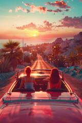 Friends in a convertible car on a road trip