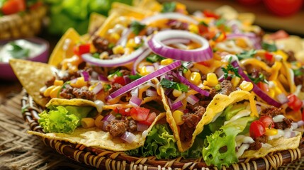 Close up photo of Mexican nachos topped with beef lettuce corn and red onion on a wicker table