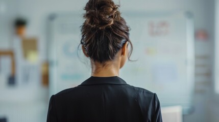 Woman with a messy bun wearing a black blazer standing in an office with a whiteboard in the background.