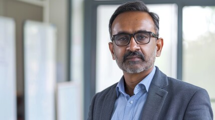 Fototapeta premium Man with glasses and beard wearing a blue shirt and gray blazer standing in an office with whiteboards and windows.