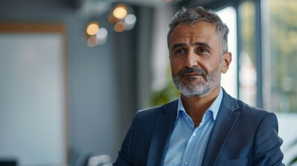 Fototapeta premium A man with a beard and gray hair wearing a blue suit sitting in an office with a window in the background.