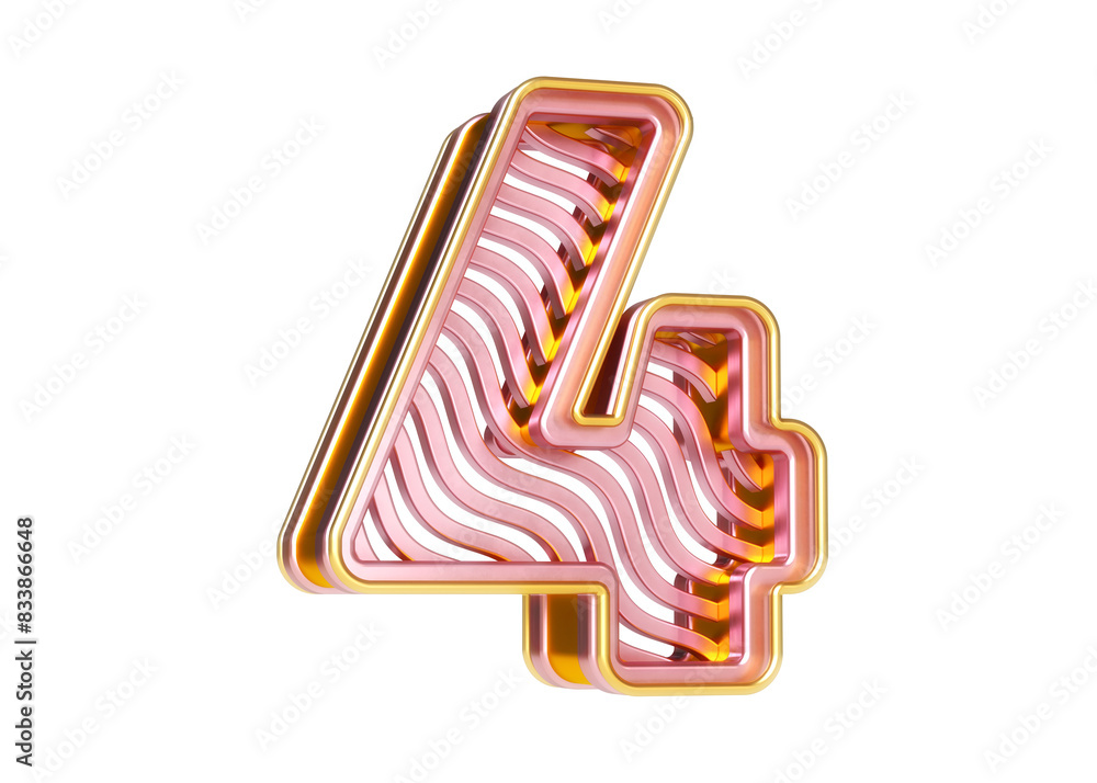 Poster high-resolution and realistic pink gold typography. number 4 with a pattern of wavy lines. great for