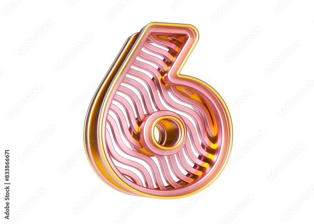 Poster pink gold font 3d number 6 with wavy line pattern. high quality 3d rendering.