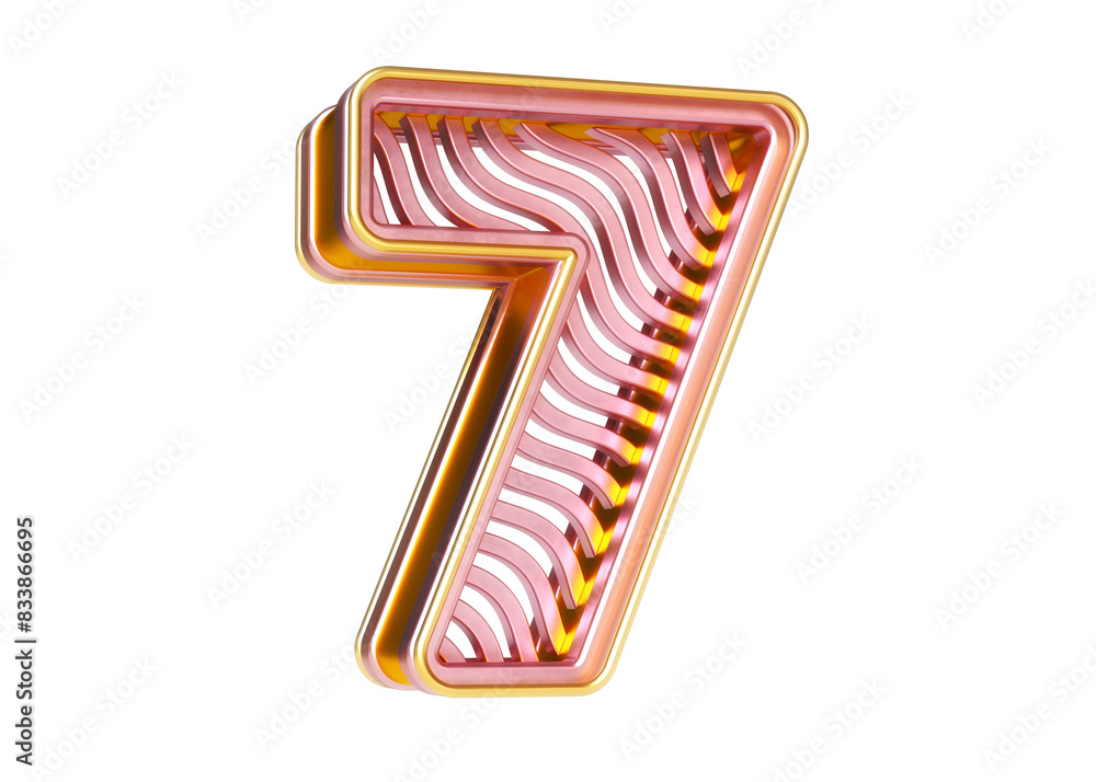 Poster 3d pink gold font number 7 with pattern of wavy shapes. high definition 3d rendering.