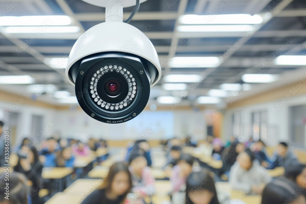Poster close-up of a surveillance camera in a busy classroom, capturing students during a lesson