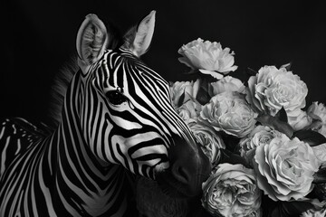 Artistic black and white photo of a zebra surrounded by lush peonies © juliars