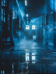 Fototapeta premium industrial plant room in a factory, pumps leaking steam, water over floor