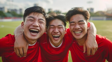 Three young men in red sports jerseys, laughing heartily, embracing each other on a grassy field with a blurred cityscape in the background.