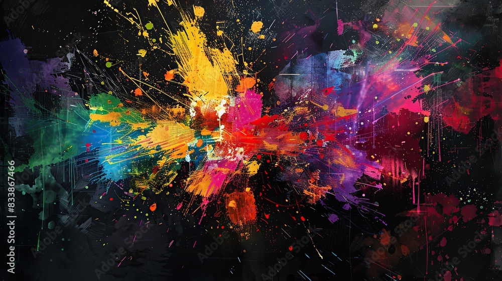 Poster colorful paintings with paint splashes that are abstract and have many colors on a black background