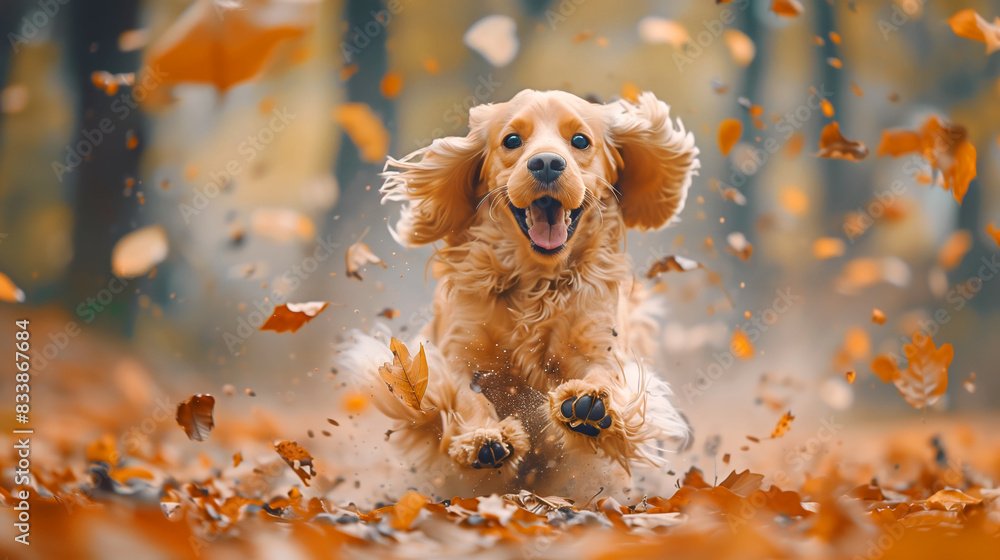 Poster cocker spaniel with ears flapping joyfully running through autumn forest