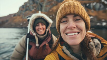 Two women smiling at the camera while wearing winter clothing and hats enjoying a boat ride on a calm body of water with a scenic mountain backdrop.