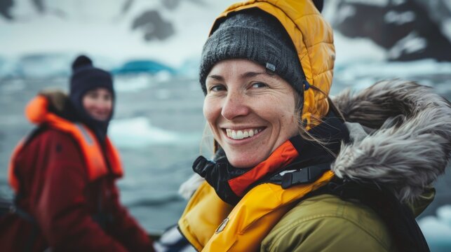 Woman in winter gear smiling with fur-lined hood standing on ice in front of blurred figure in red coat against snowy landscape. - Powered by Adobe