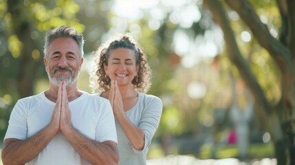 Fototapeta premium Two people standing in a park smiling and holding hands with their eyes closed possibly in a moment of prayer or meditation surrounded by blurred greenery.