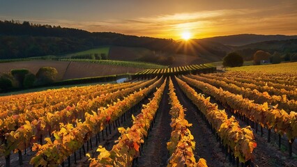 Vineyard landscape bathed in warm sunrise hues, a breathtaking sight in fall season. - Powered by Adobe