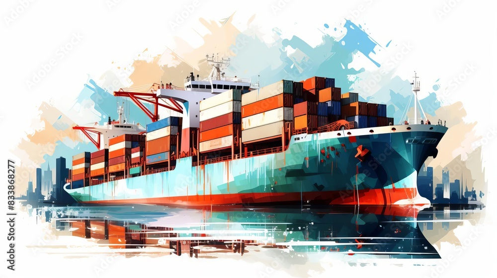 Poster a cargo ship in a busy port loaded with containers, isolated on a white background