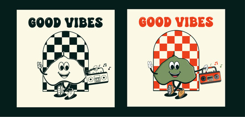 Funny volcano character with good vibes typography. Puy de dôme character holding a radio set. Puy de dôme volcano. Cartoon style. Listen music. Music festival. Good vibes illustration, stock vector