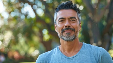 A man with a beard and mustache smiling at the camera wearing a blue shirt standing in front of a blurred background of trees and sunlight. - Powered by Adobe