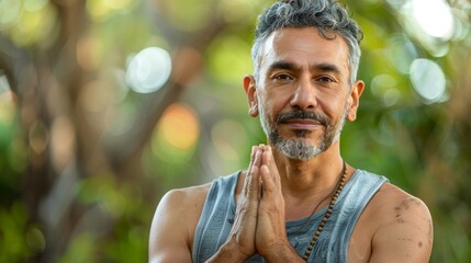 Fototapeta premium Man with gray beard and hair wearing black shirt standing in front of blurred trees hands clasped together in prayer or meditation pose.