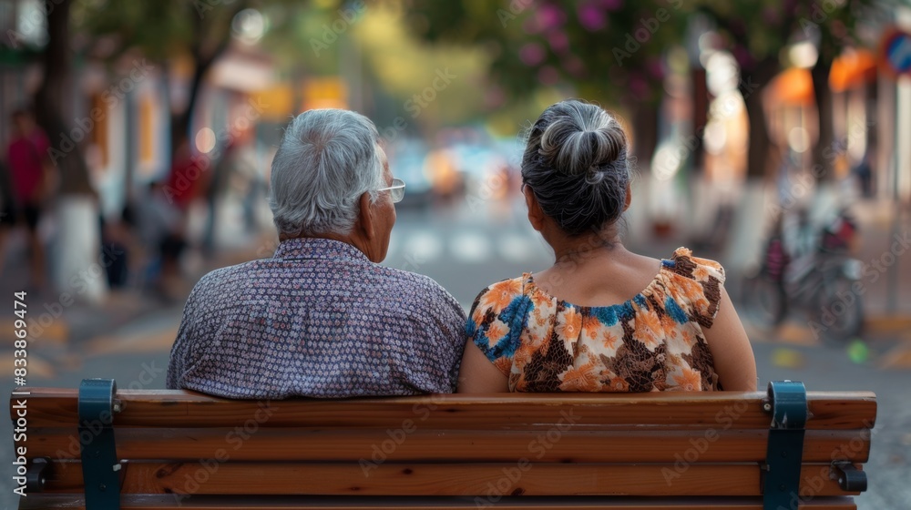 Sticker An elderly couple sitting on a park bench enjoying a moment of tranquility amidst the hustle and bustle of a city street.