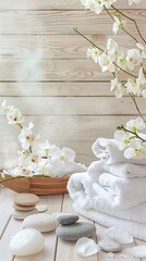 Obraz premium luxurious spa background with candles, rolled towels, and flowers, serene atmosphere for relaxation and wellness, concept for spa retreats, beauty salons, wellness centers.