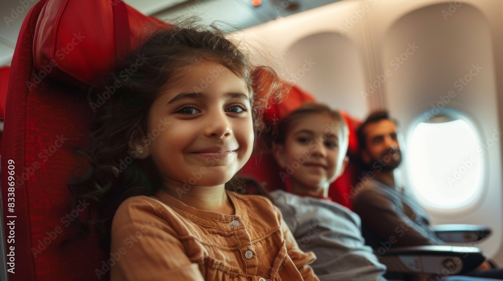 Wall mural a young girl with dark hair smiling at the camera sitting in a red airplane seat next to a boy and a