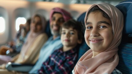 A young girl with a hijab smiling at the camera seated next to a man and a boy on an airplane.