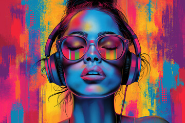 “Neon Pop Art Portrait: Stylish Woman with Sunglasses and Headphones”