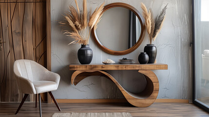 symmetrical wooden frame mirror, modern wooden console table with decorative vases, Modern living room and lobby interior