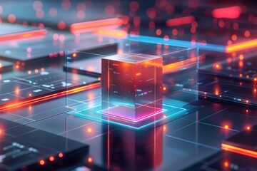 Fototapeta premium Futuristic AI and Quantum Computing Concept with Digital Elements and Neon Lights, High Tech Data Processing