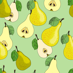 
Seamless pattern with yellow and green pears. Hand drawn pears for fabric, label drawing, print, children's room wallpaper, fruit background. Vector
