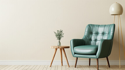 light teal leather chair in front of cream color wall, with a side table and wooden floor lamp, Interior of a modern minimalist living room