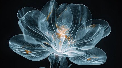 Artistic interpretation of floral anatomy colored in blue hues displayed on a black background