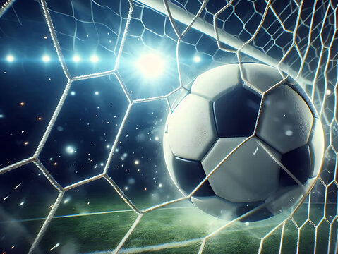 Soccer ball scoring a goal on the soccer field in the net