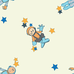 Happy Astronauts and Stars fly through Outer Space. Seamless repeat pattern background. Perfect for wallpaper, fabric and scrapbooking projects.