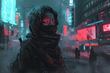 Fototapeta premium Lone survivor in tattered clothing stands resilient in a rainy, neon-lit dystopian urban environment