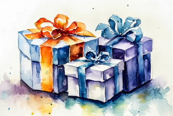 Three colorful boxes with bows on top, representing gifts.