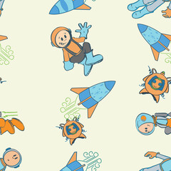 Space Cosmic Adventure. Astronauts, rockets, stars and satellites in a seamless repeat pattern. perfect for wallpaper, fabric and scrapbooking projects.