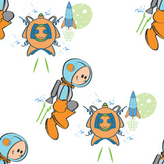 Satellites and Astronauts on a Space Adventure.  Seamless repeat pattern background. perfect for wallpaper, fabric and scrapbooking projects.