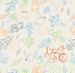 Astronauts, Aliens, Robots, Rockets and the Moon. Seamless repeat pattern perfect for wallpaper, fabric and scrapbooking projects.