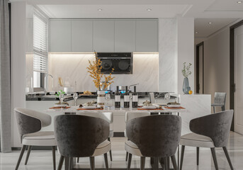 Modern Contemporary kitchen room 3d render.