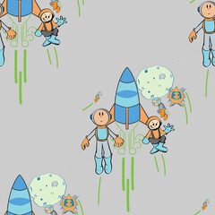 Space Adventure with happy Astronauts, Rockets and Satellite.  Seamless repeat pattern background. Perfect for wallpaper, fabric and scrapbooking projects.