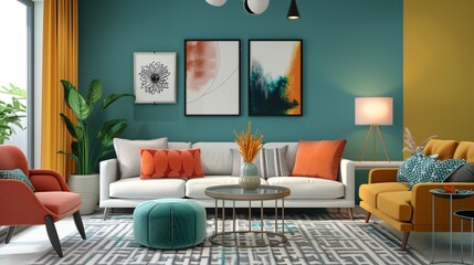 A modern and playful living room design featuring pops of color against a neutral backdrop, with a vibrant teal accent wall serving as the focal point. The room is furnished with comfortable seating
