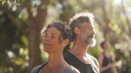 Fototapeta premium A serene moment in a park with a man and woman enjoying the tranquility of nature.