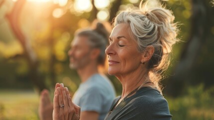 A serene moment of two people practicing mindfulness or meditation in a natural setting both with...