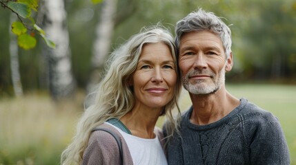 Fototapeta premium An elderly couple with gray hair smiling and embracing each other in a serene park setting with trees and grass in the background.