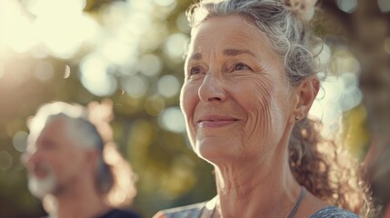 A serene elderly woman with a gentle smile standing amidst a softly blurred natural setting possibly a park or garden with sunlight filtering through the leaves.