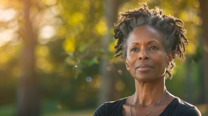 A woman with gray hair wearing a black top standing in a park with trees and sunlight filtering through looking contemplative.