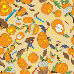 Autumn Cottage Pumpkin Jack o Lantern repeating seamless pattern background. Perfect for wallpaper, fabric scrapbooking projects.