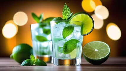 Two refreshing mojito cocktails, each in a clear glass, garnished with lime slices and mint leaves. The background is warm and colorful with bokeh lights, creating a lively and festive atmosphere