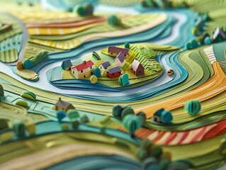 Fototapeta premium a paper cut out illustration of a valley with a river running through it